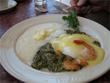 Eggs Sardou at Lucile's: poached eggs, creamed spinach, gulf shrimp, grits Eggs Sardou at Lucile's: poached eggs, creamed spinach, gulf shrimp, grits