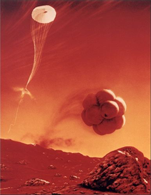 Artist's conception of the Mars Pathfinder landing by bouncing on its airbags