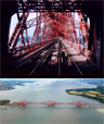 Bottom: Aerial view of the Forth Bridge, Edinburgh, Scotland. Top: Inside the Forth Rail Bridge, from a ScotRail 158 on August 22, 1999. Bottom: Aerial view of the Forth Bridge, Edinburgh, Scotland. Top: Inside the Forth Rail Bridge, from a ScotRail 158 on August 22, 1999.
