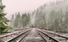 Guardrails in a track bed as a rail line crosses a bridge Guardrails in a track bed as a rail line crosses a bridge