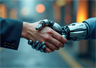 A human shaking hands with an android A human shaking hands with an android