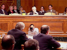 A hearing in the U.S. Senate, in which Defense Secretary Donald Rumsfeld is responding to questions about appropriations.