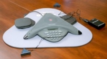 A speakerphone of a type in common use for teleconferences A speakerphone of a type in common use for teleconferences